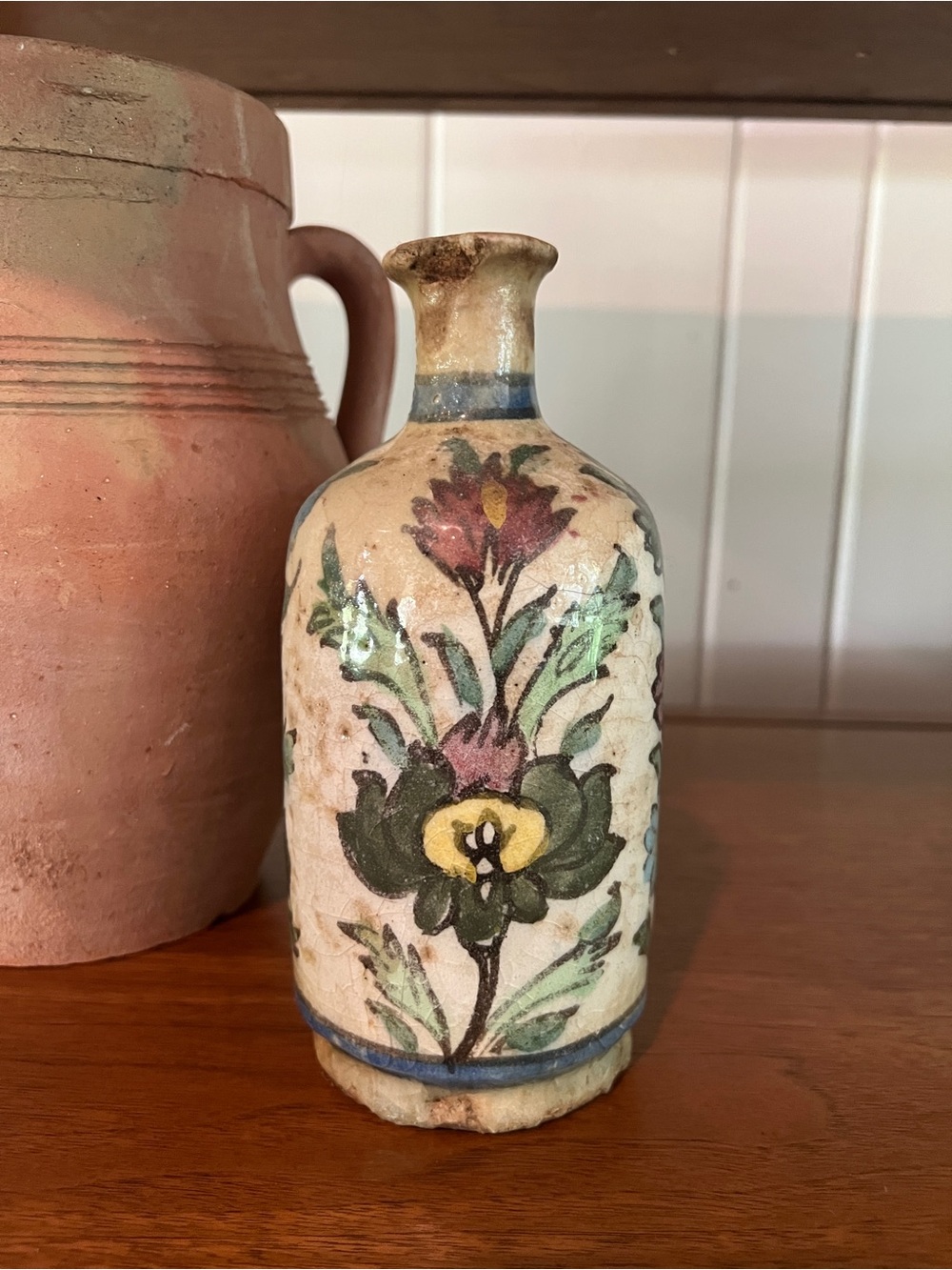 Antique Middle East Qajar / Iznik Floral Hand Painted Glazed Pottery Bottle